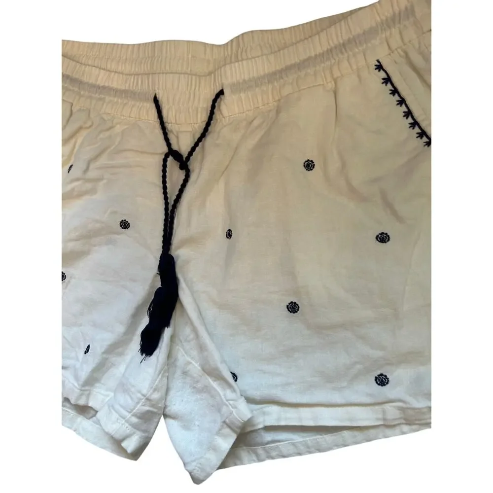 Old Navy Drawstring Linen Blend Shorts‎ White Blue Boho Embroidered Large